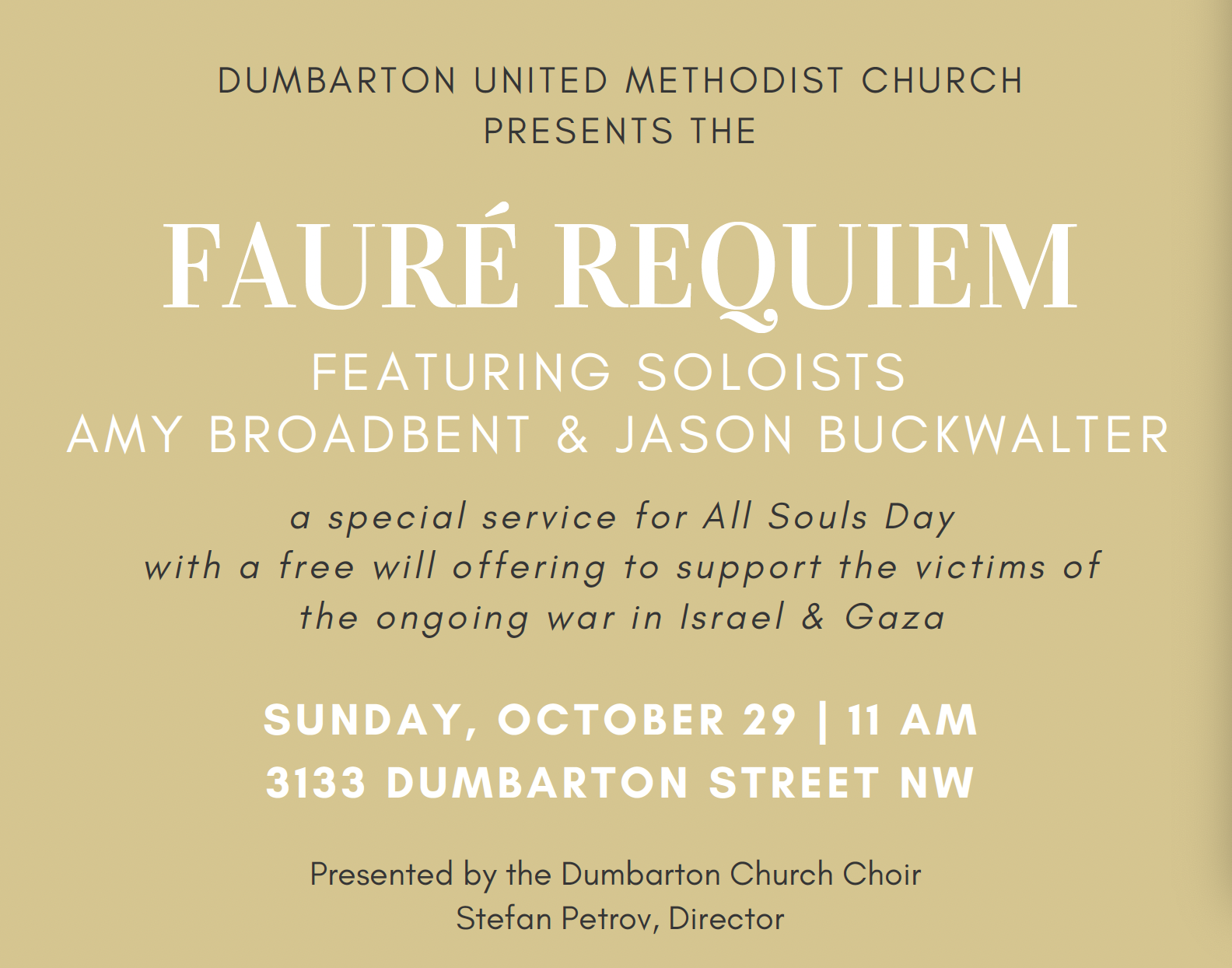 Dumbarton United Methodist Church proudly presents Gabriel Fauré's timeless musical masterpiece. We invite you to witness and take part in a worship service filled with beauty, reflection, and breathtaking music as we celebrate the power of the human spirit.